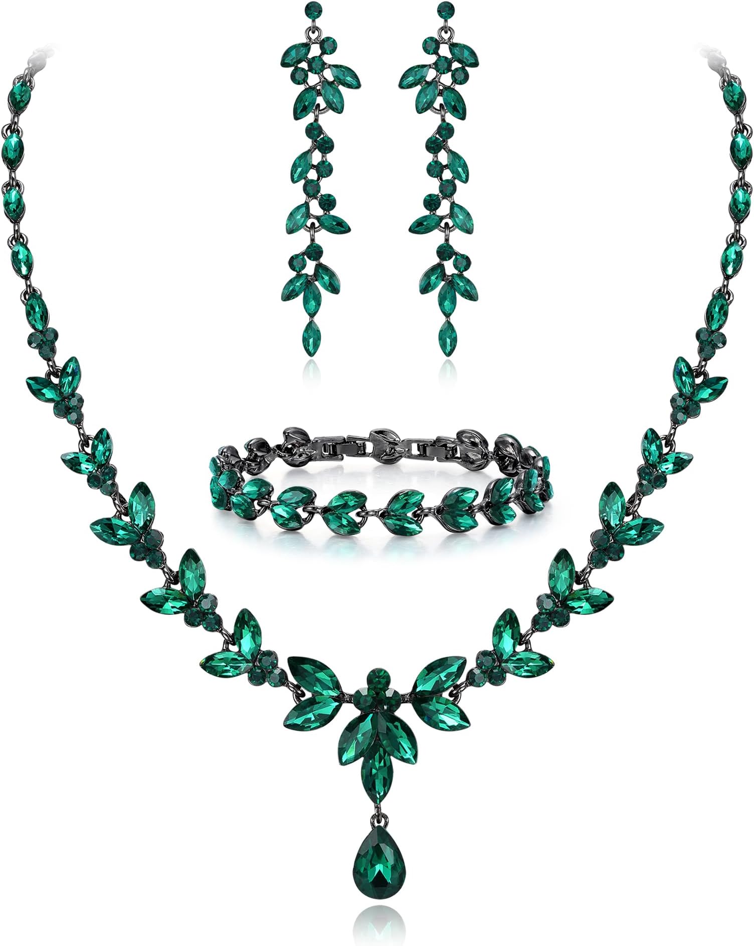 Austrian Crystal Bridal Bridesmaid Jewelry Sets, Elegant Marquise Rhinestone Leaf Necklace Dangle Earrings Tennis Bracelet Set for Women