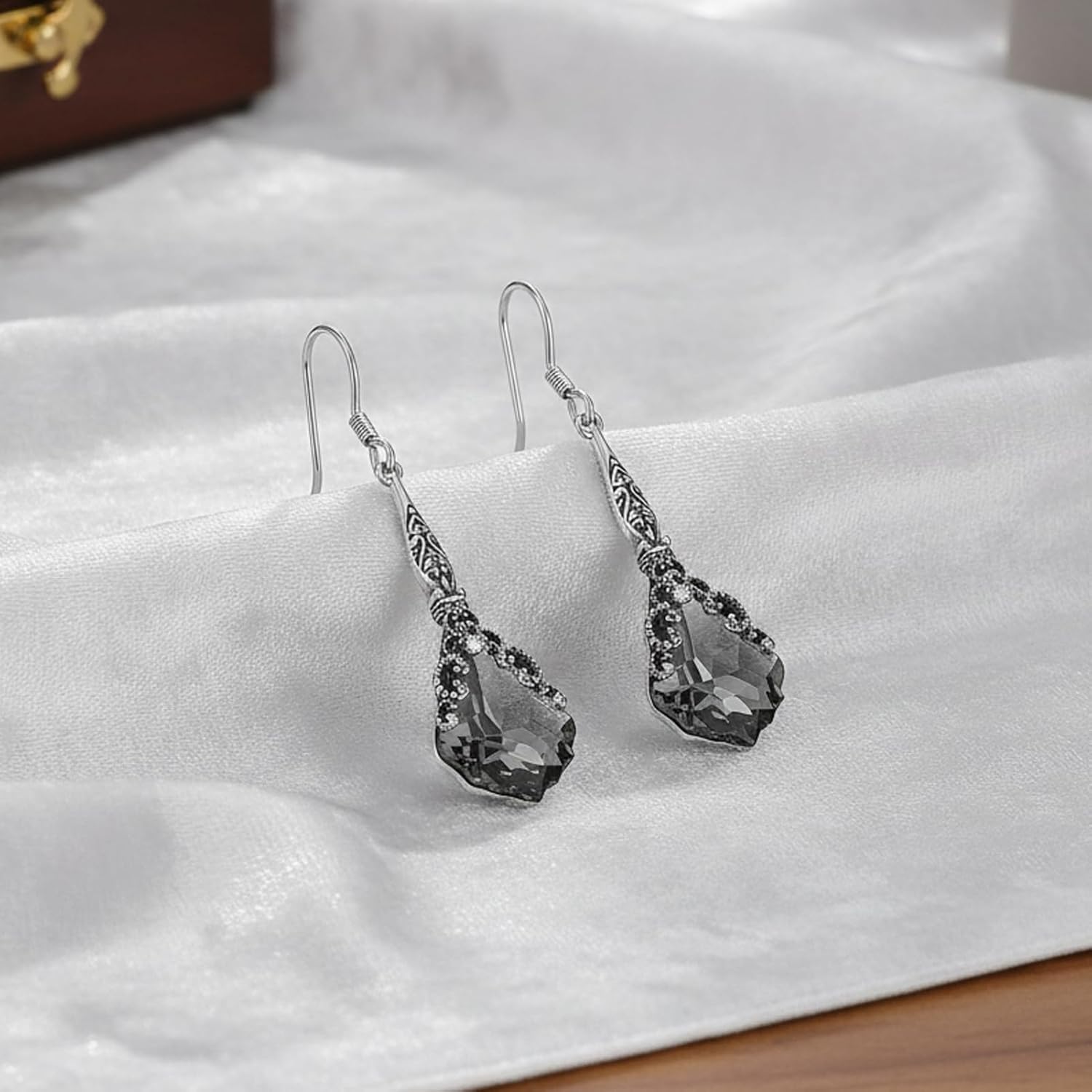 925 Sterling Silver Vintage Oxidized Victorian Leverback Dangle Drop Earrings with 16mm Purple Blue Crystal from Austria Anniversary Jewelry Gifts for Women - Image 3