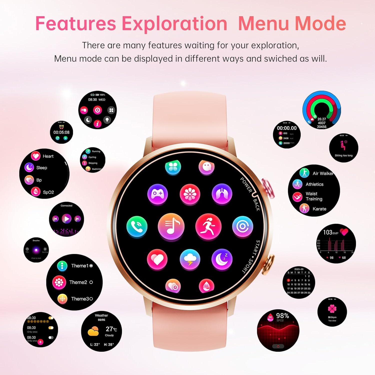 OBA OUKITEL BT60 Montre de Fitness pour Femme, écran 1,32", Moniteur Cardio, étanche 5 ATM, Suivi d'activité, Rose, Rose, M-L