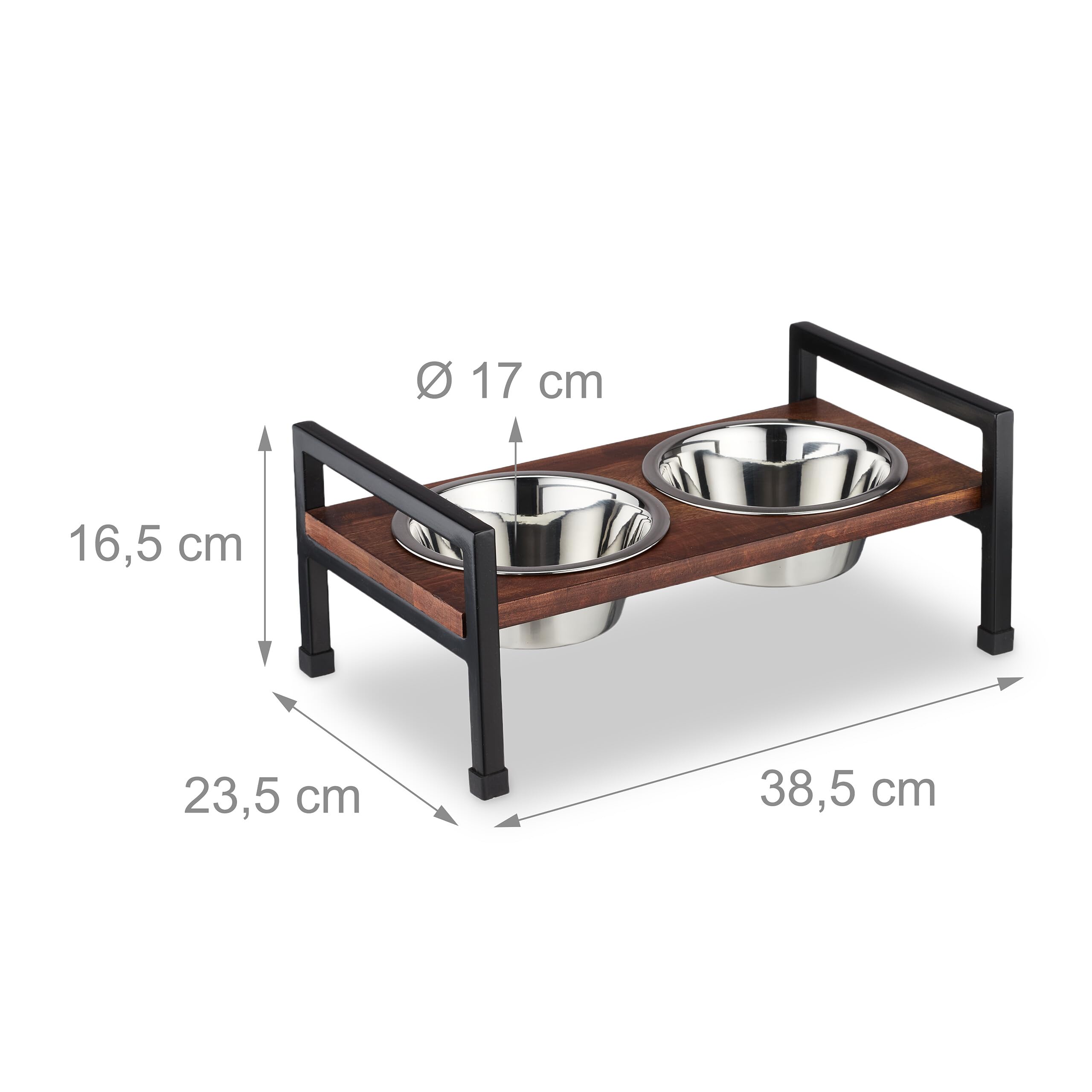 Relaxdays Gamelles pour Chiens, Support, 2 récipients en Acier Inoxydable, 750 ML, Bois de manguier & Fer, Marron - Noir