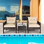 RELAX4LIFE 3-Piece Patio Furniture Set, PE Rattan Wicker Chairs w/Glass Top Coffee Table & Thick Cushions, Bistro Sofa Set for Deck Porch Balcony Garden, Conversation Set Outdoor Furniture (Beige)