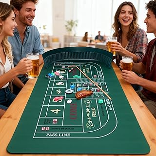 NEWTRY Craps Game Set: 35”×70” Craps Tabletop Layout, 48x11”Rubber Diamond Pyramid Bumper, 36” Rattan Stick, 5pcs Professional dice, 100 pcs Chips & ON/Off Buttons for Game Nights Party Camping