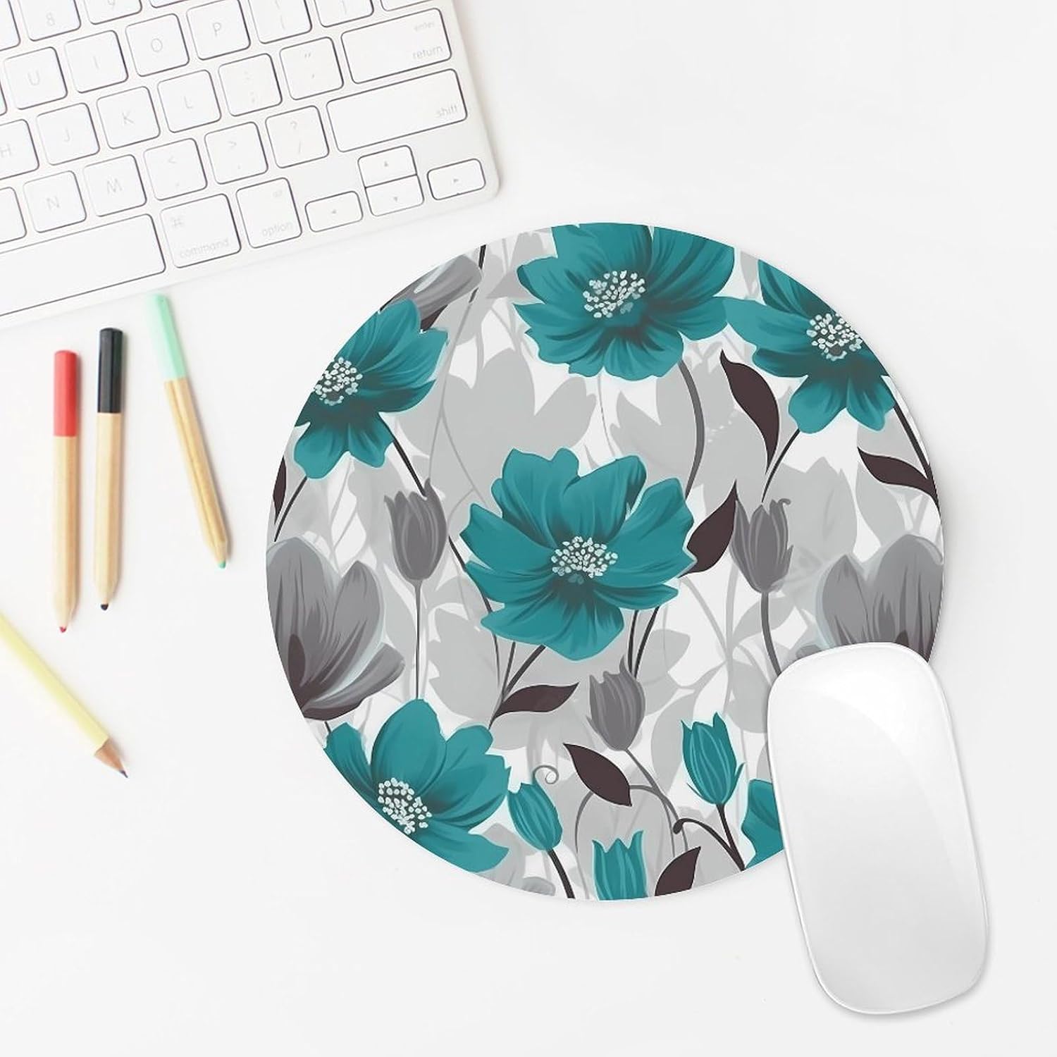 Teal Grey and White Floral Round Mousepad Funny Small MouseMat with Non-Slip Rubber Base and Stitched Edge Gaming Mousepad for Home Office Dorm Desk Decor Accessories for Home Office Work 7.8x7.8 Inc image 5