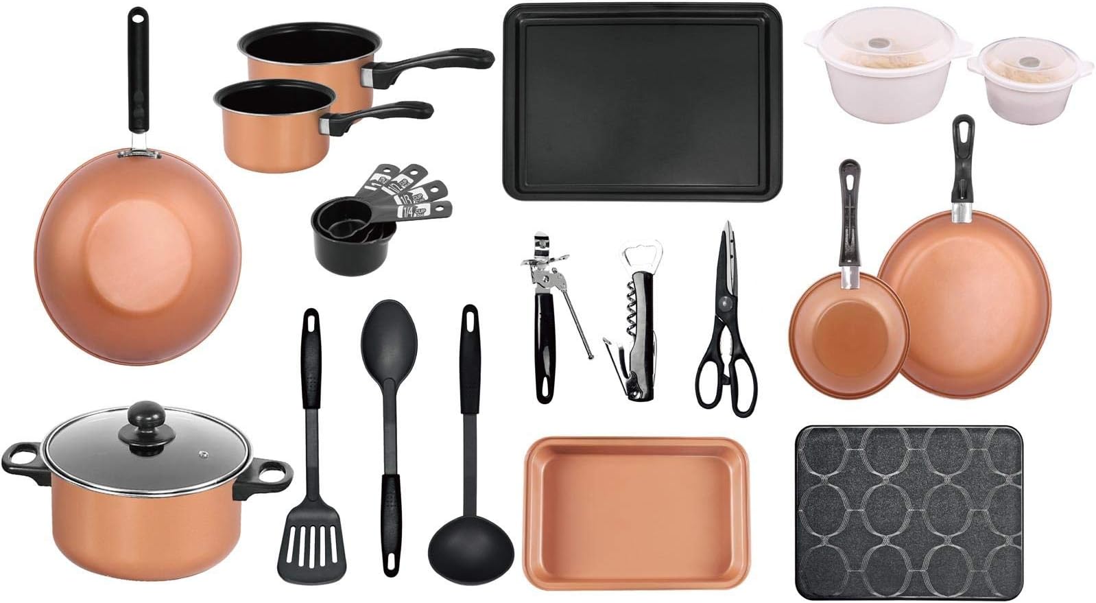 Gr8 Home 21 Piece Copper Student Kitchen Starter Kit Saucepan Utensil Pans Pots Cookware Bakeware Set