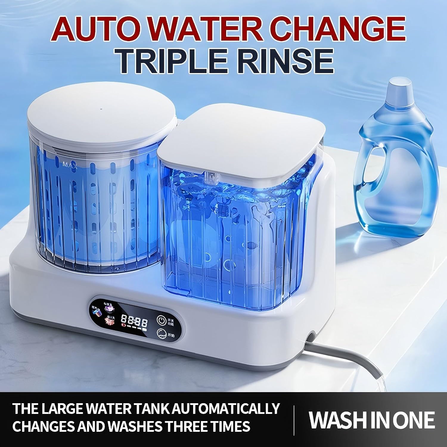 Automatic Underwear Washing Machine with 8000mAh Battery, 3L Portable Mini Washing Machine and Spin Dryer for Underwear, Socks, Baby Clothes, Travel Laundry Machine with Auto Water Supply & Drainage