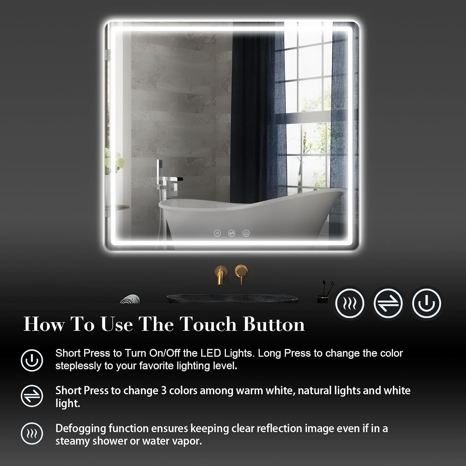 40"x 36" Inches LED Bathroom Mirror with Front and Backlit, Lighted Bathroom Vanity Mirror for Wall, 3 Color and Dimmable Light, Anti-Fog, Memory Function