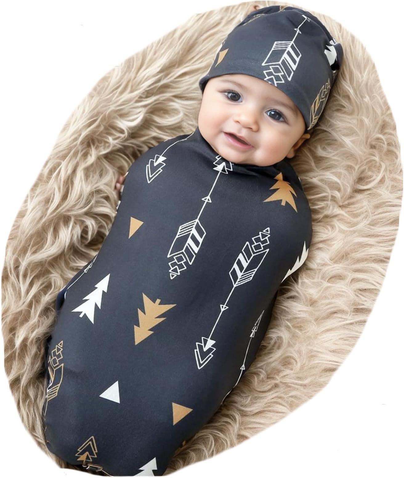 Galabloomer Newborn Swaddle Blanket with Beanie Set Baby Boy Receiving Blanket Rainbow (Gold Arrow)