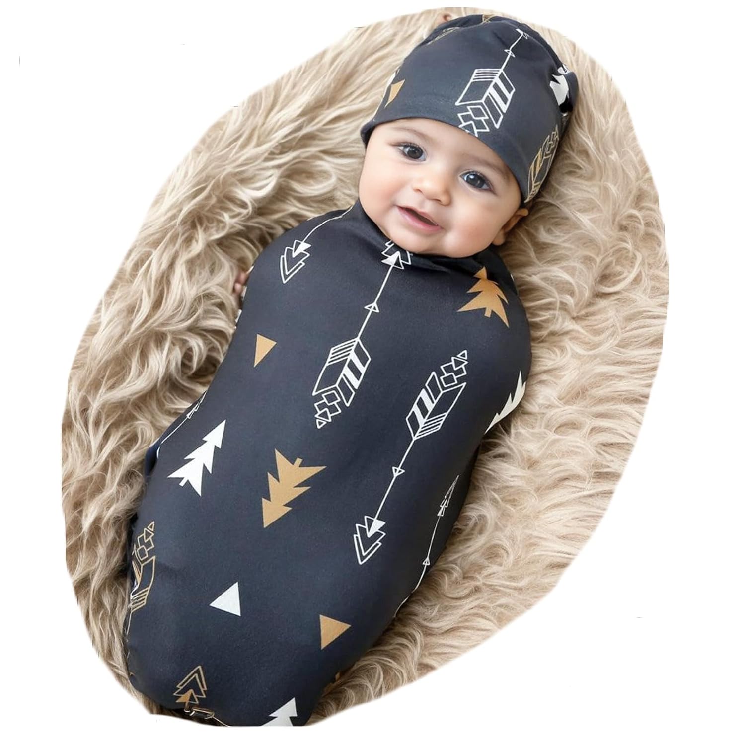 Galabloomer Newborn Swaddle Blanket with Beanie Set Baby Boy Receiving Blanket Rainbow (Gold Arrow)