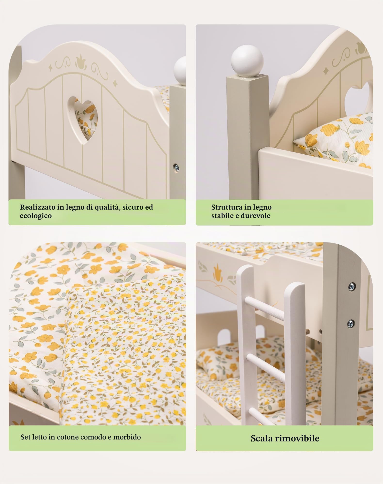 ROBUD Letto per bambole in legno, letto a castello, letto per bambole in legno, 43 cm, culla per bambole con scala e biancheria da letto, accessori per bambini, giocattoli per bambini per ragazze e