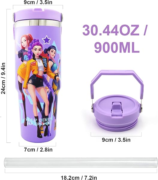 Demon Hunters 32oz Bottle Stainless Steel Drinking Bottle with Handle and Straw for Daily Hydration (Light Purple) - 2