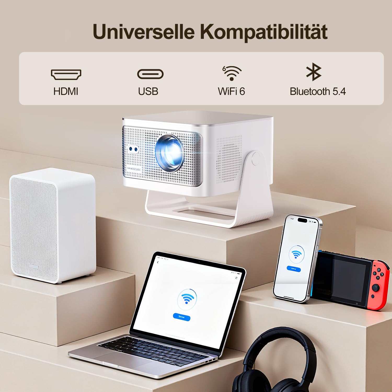 Magcubic Mini Beamer 4K & 8K 1080P Unterstützt, Projektor Tragbarer mit WiFi 6 Bluetooth 5.4, Autofokus 6D Auto-Trapezkorrektur, 15W Lautsprecher, 180° Dreh Smart Beamer Heimkino HY350MAX