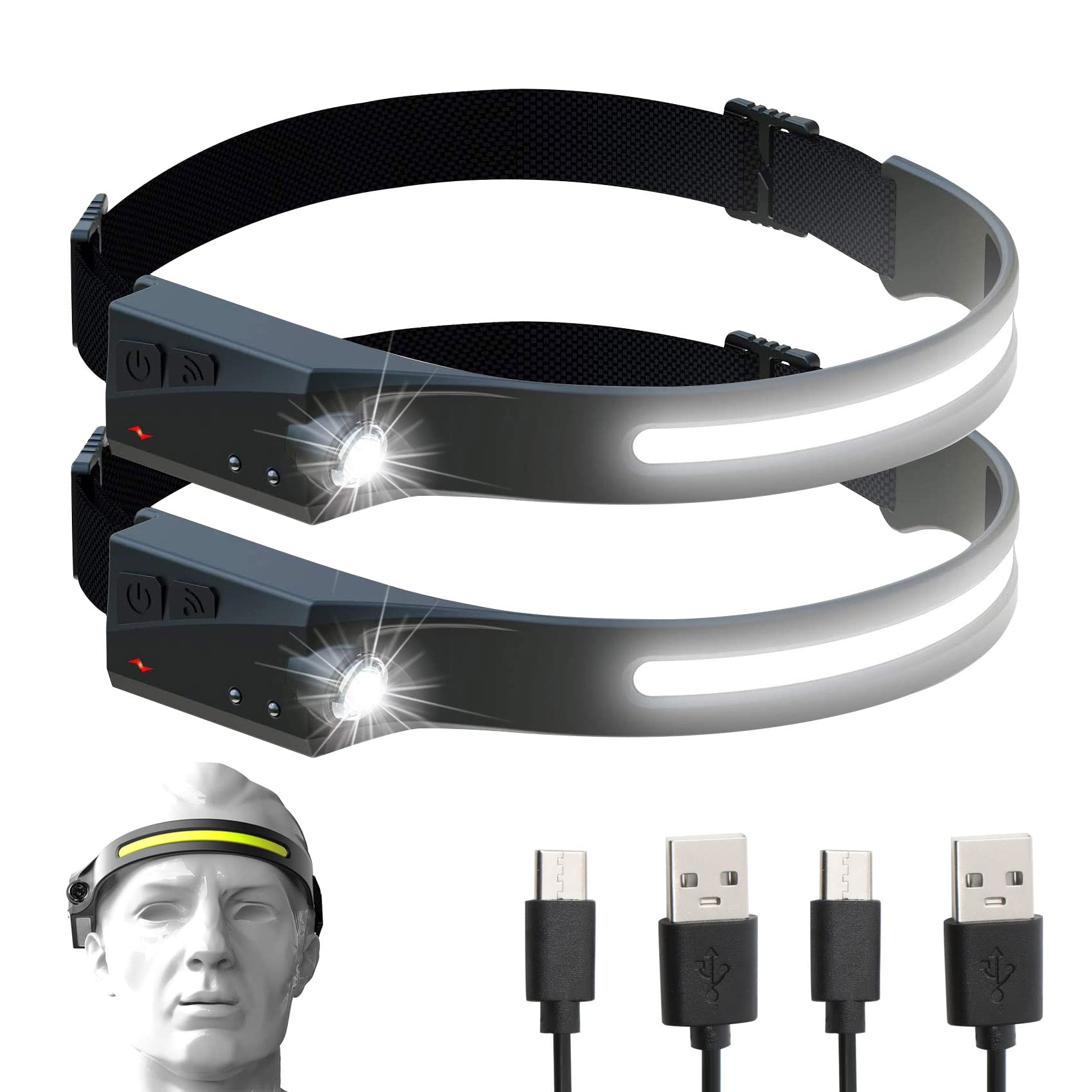 2 Pack Rechargeable LED Headlamp with 230° Illumination, Waterproof, 4 Modes, Motion Sensor Headlamp, USB Headlamp for Hiking, Running, Fishing, Camping