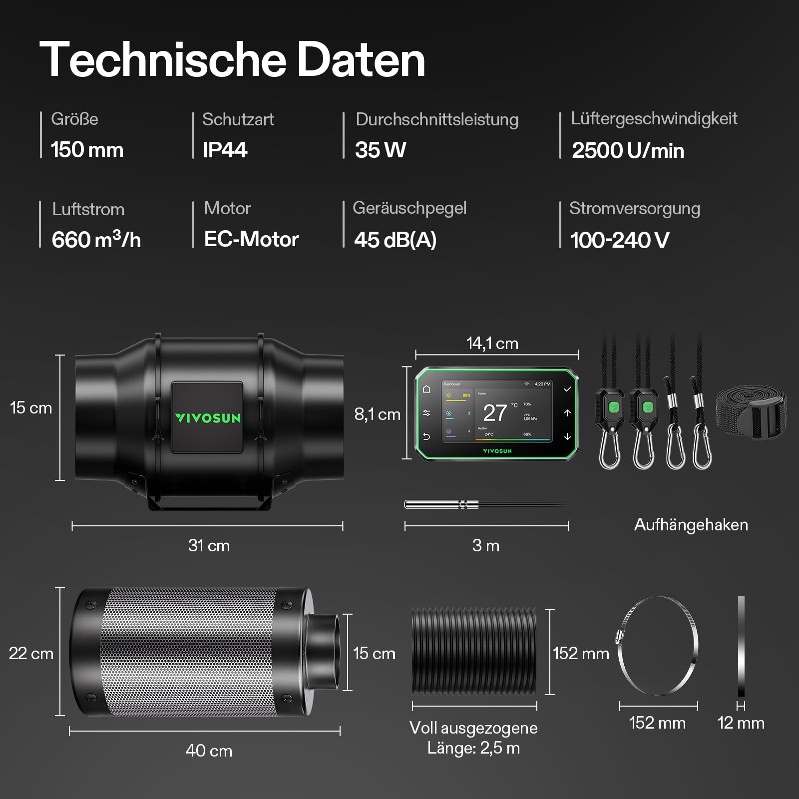 VIVOSUN Smart Rohrventilator 150mm AeroZesh G6 Abluftset 660m³/h mit GrowHub E42A+, Temperatur- und Feuchtigkeitsregler, WiFi/App-Fernsteuerung, Aktivkohlefilter und Schlauch für Growzelt Hydroponik