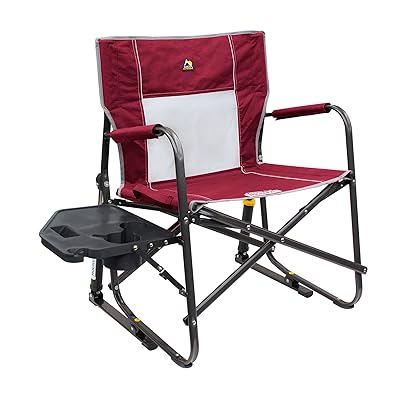 GCI OUTDOOR Freestyle Rocker with Side Table Camping Chair | Portable Folding Rocking Chair with Solid, Durable Armrests, Drink Holder & Comfortable Backrest — Heathered Indigo