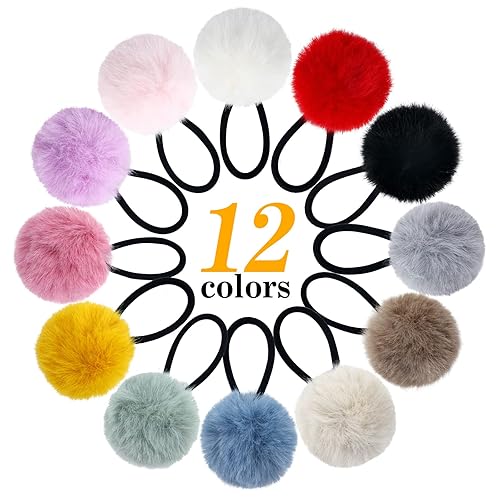 Miniatura 2 de Lawie Paquete de 24 lazos para el pelo con pompones peludos de colores caramelo, coleteros elásticos con pompones para coleta, bolas de pelo