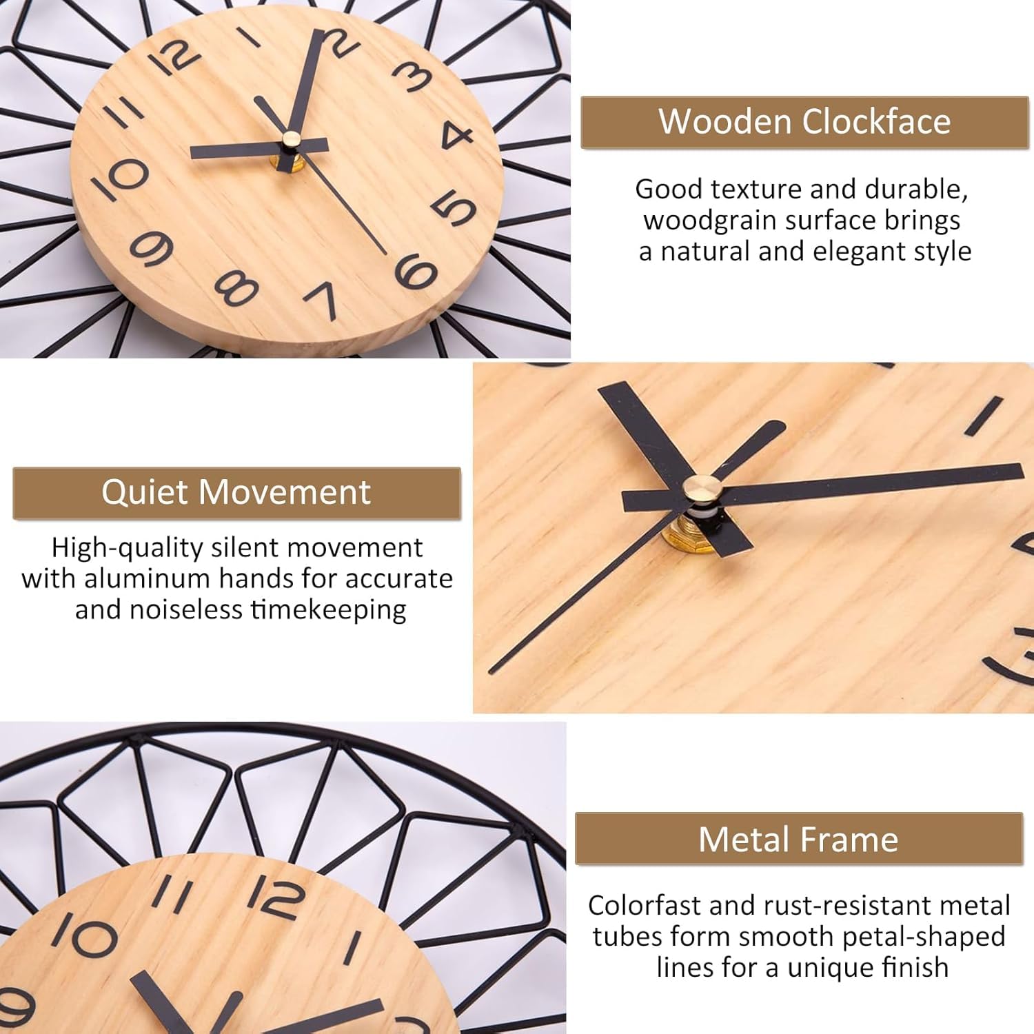 VIVILINEN Horloge Murale Géante en Bois et Métal 50cm Horloge Murale Silencieuse sans Tic-Tac Design Moderne pour Salon Chambre Cuisine Bureau Grande Pendule Murale