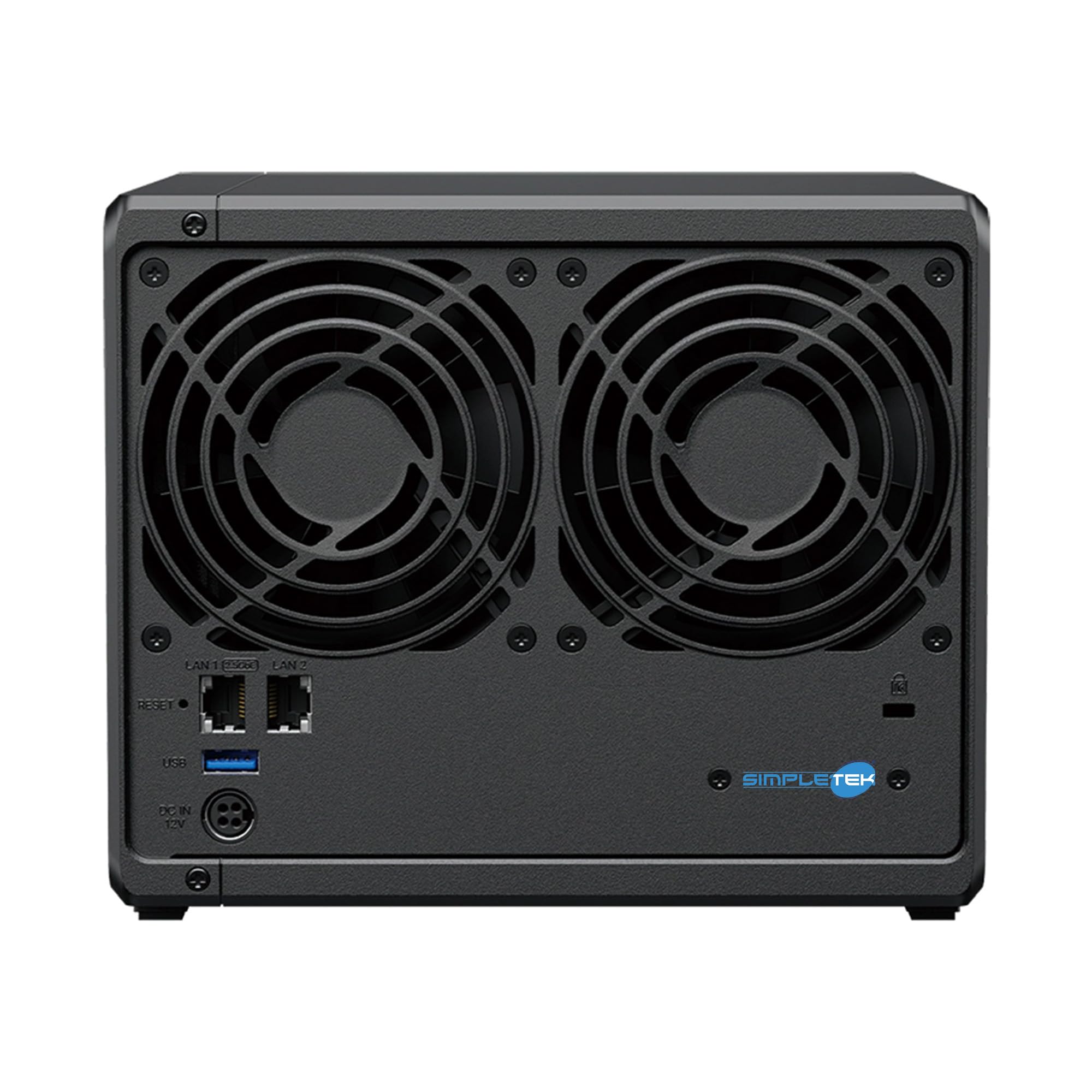 SIMPLETEK - Server NAS 4 Vani 4x120GB HDD 2GB RAM 2.5GbE (Ricondizionato) | Server NAS di archiviazione a 4 vani con 4 HDD da 120GB inclusi, 2GB RAM, LAN 2.5 GbE e slot NVMe per uso casa e ufficio.