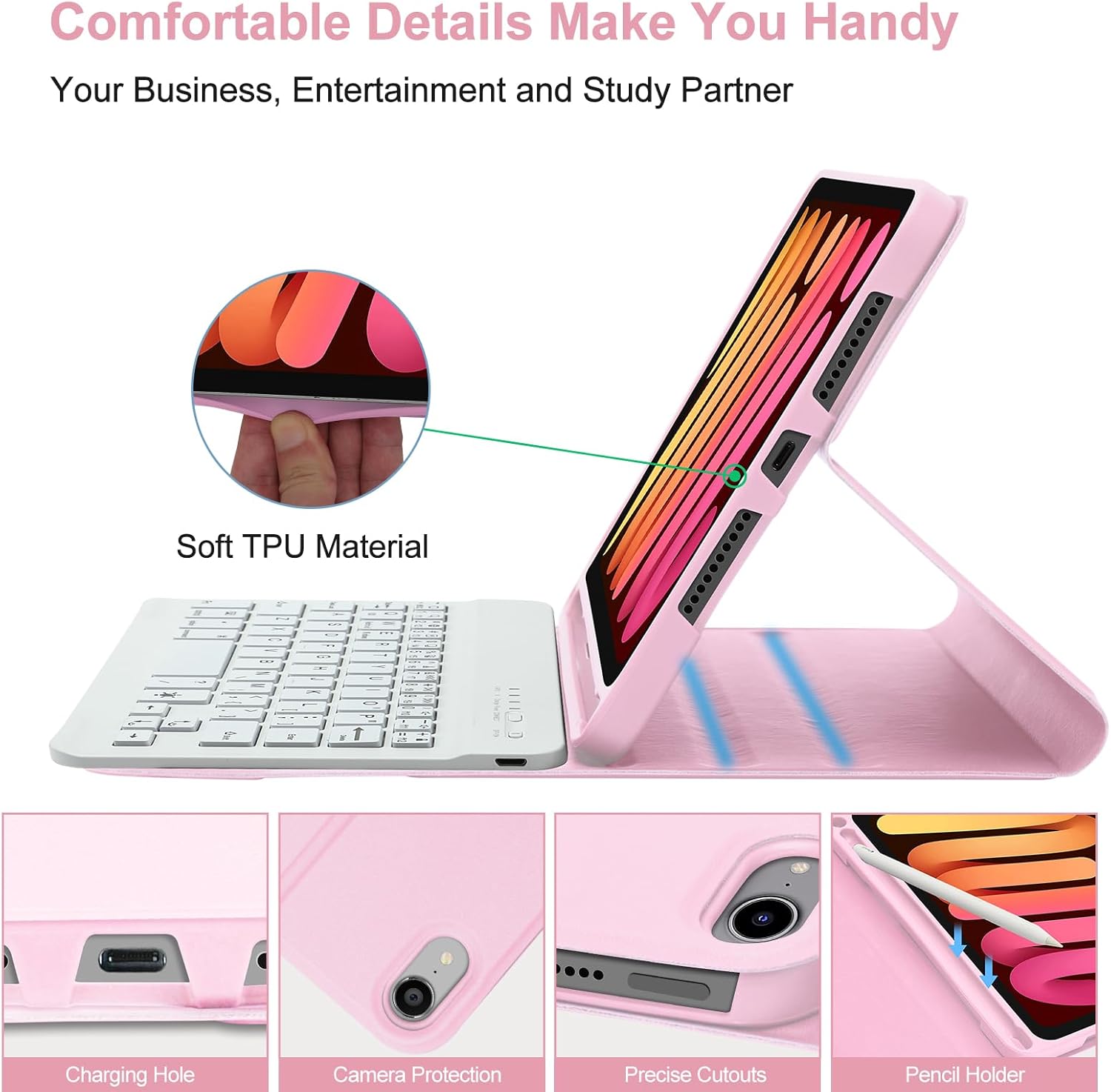 BORIYUAN iPad mini 7th Gen Keyboard Case 2024, Detachable Bluetooth Keyboard Slim Folio Smart Cover with Build-in Pencil Holder for iPad mini (A17 Pro) 7th Gen 2024 / 6th Gen 8.3 Inch, Pink