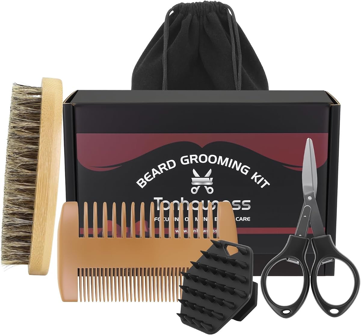 Beard Brush Beard Comb Set for Men, 5 in 1 Facial Hair Grooming Kit with Natural Boar Bristle Beard Brush, Wood Beard Comb, Silicone Soft Cleaning Brush and Mustache Scissors