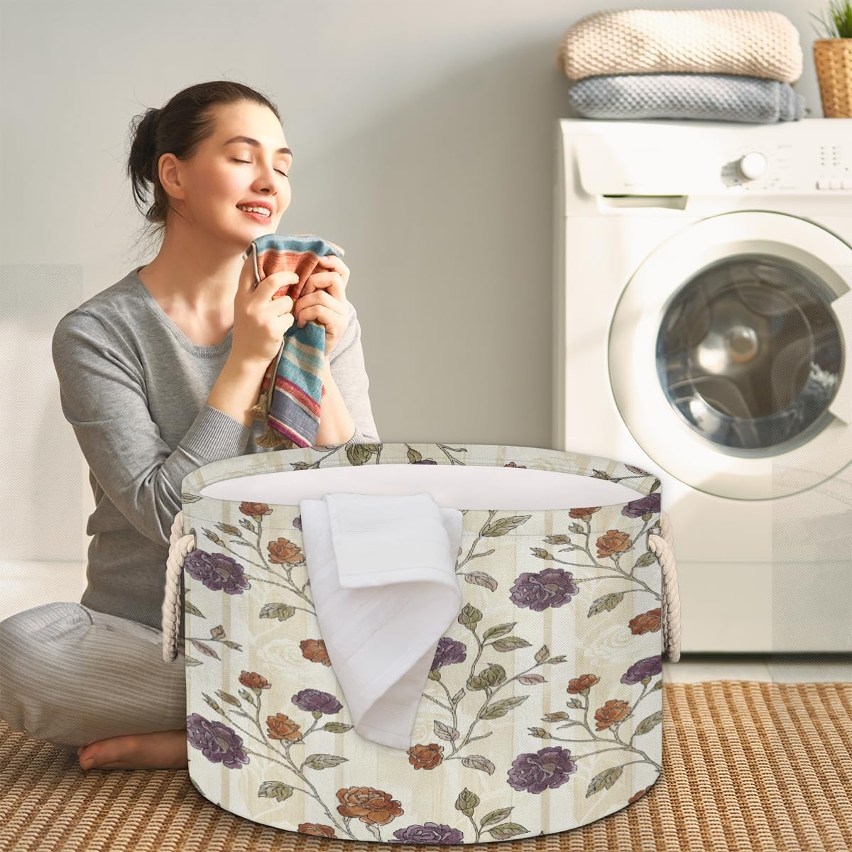 Large Storage Baskets - Vintage Rose Nursery Round Collapsible Organizer Bin Box, Laundry Hamper for Kids Toys, Blanket, Bedroom Living Room Home Decor, Gift Basket, 19.4"x13.3"