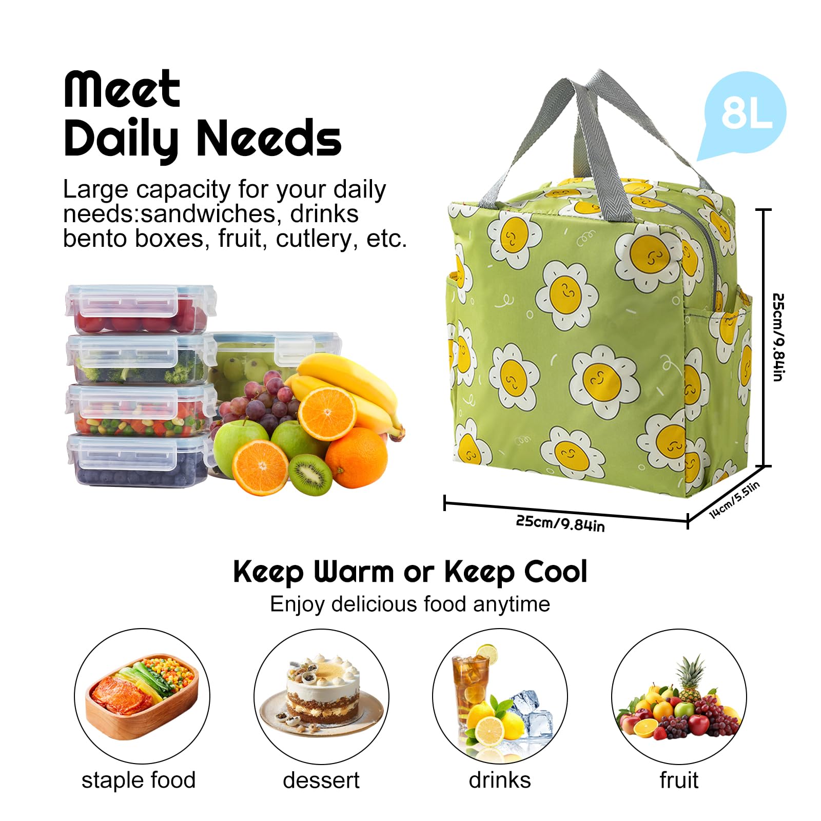 SUOXU Lunch Insulation Bag, Lunch Box Bag, Mini Waterproof Lunch Tote Bag (Green-Flower) - Image 2