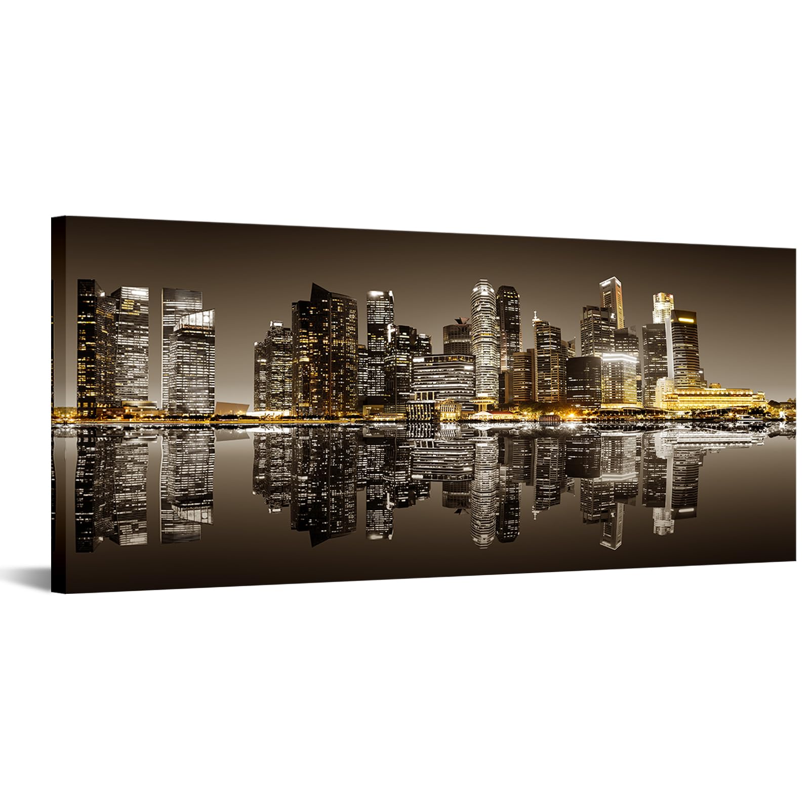KREATIVE ARTS Canvas Print Wall Art Sepia Singapore Skyline City Night View Architecture Cityscape Photography Realism Rustic Scenic Landscape Modern Colorful for Living Room, Bedroom 48x20 Inches