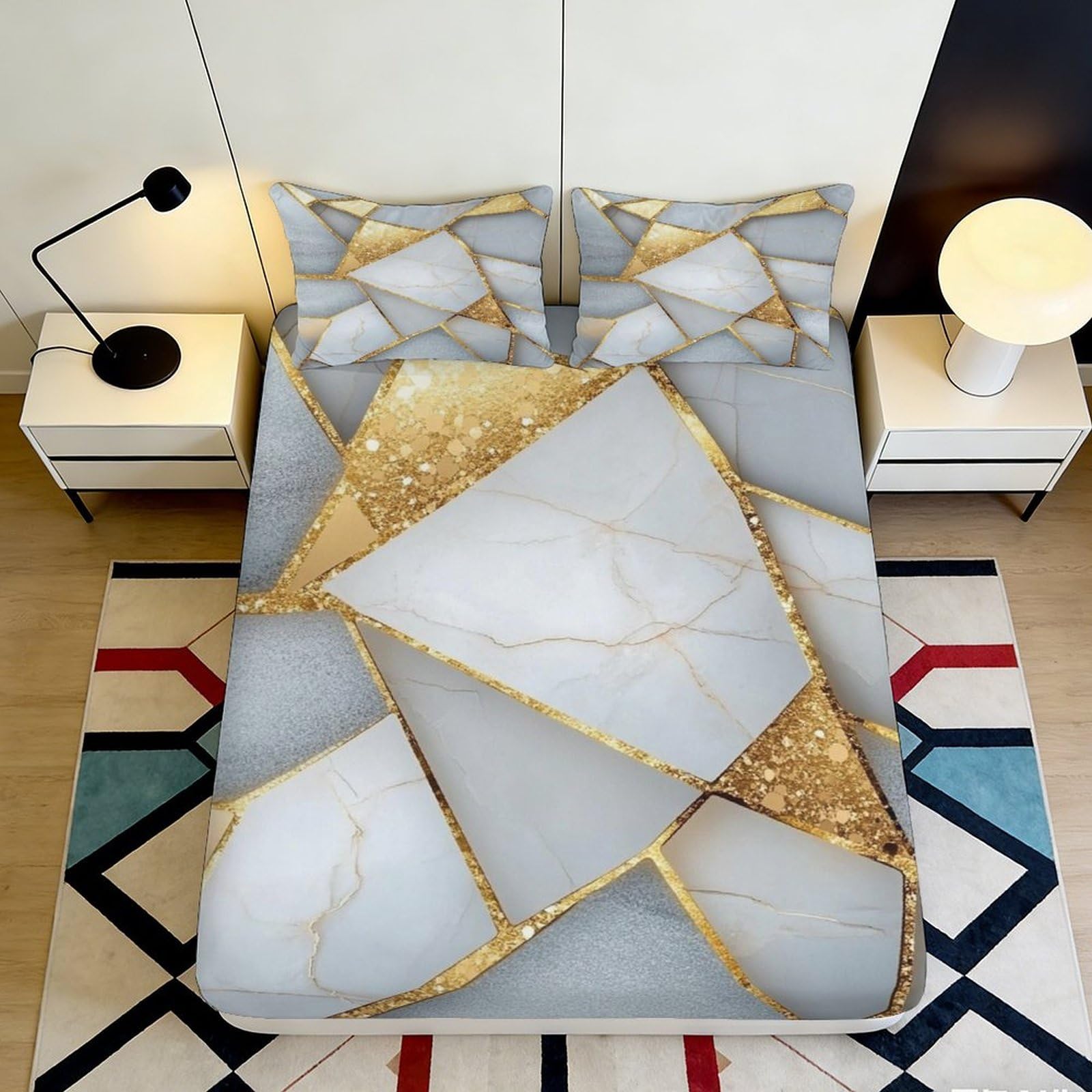 3D Printed Marble Gold Geometric Fitted Sheet Microfiber Soft Modern Abstract Bed Cover for Bedroom Guestroom Decor 90x200x25cm