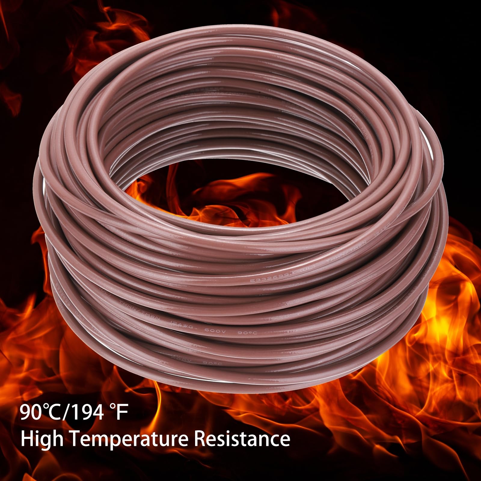 sourcing map Cable eléctrico de cobre sólido aislado de 100 pies, cable de conexión THHN residencial, industrial, conexión a tierra, clasificación eléctrica para 600 voltios, listado UL, marrón