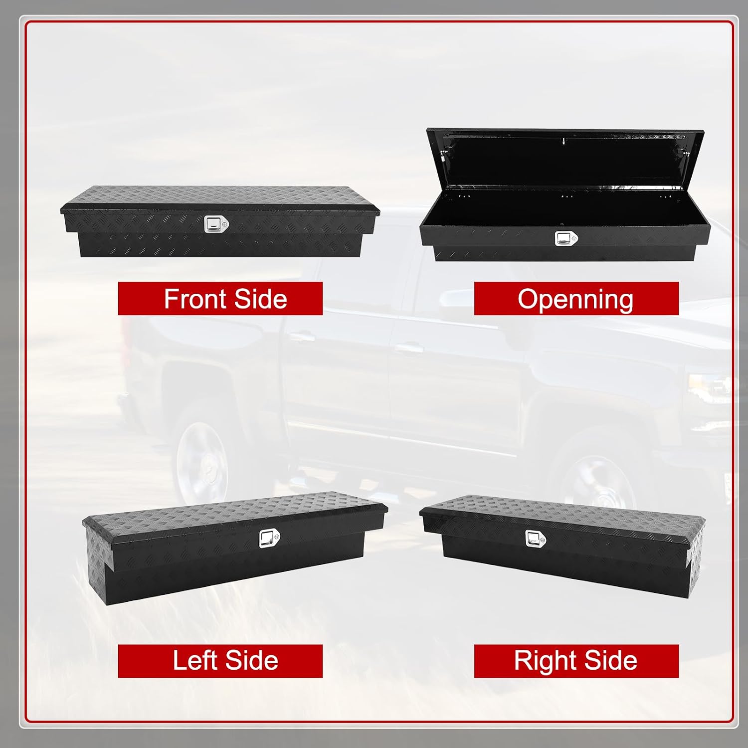 Side Mount Aluminum Truck Box with Lock and Keys, 56 x 17 x 13 inch Toolbox Organizer for Pickup,Truck Bed, RV, Heavy Duty Waterproof Storage Box - Black