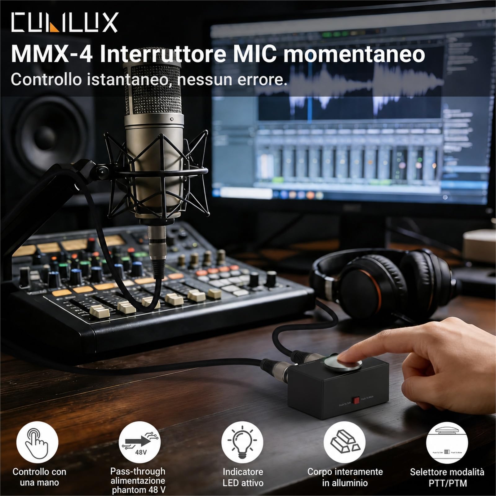 Cubilux Interruttore Mute Microfono XLR PTT/PTM con LED Podcast | Passa tra Push to Talk e Push to Mute, con stato LED, pulsante momentaneo e robusto corpo XLR in alluminio.