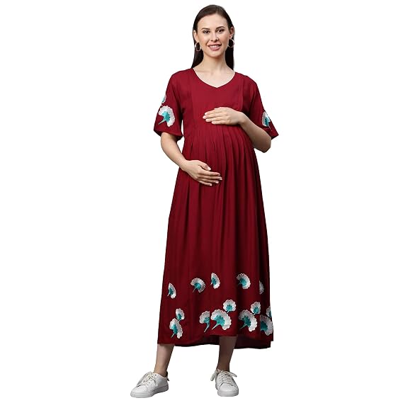 Buy MomToBe Women's Rayon Midi Maternity Dress/Feeding Dress/Pregnancy Dress/A-Line  Western Dress with Zippers for Nursing Pre and Post Pregnancy -  (1036mtbmrnsolidd-m_Garnet Maroon_Medium) at Amazon.in