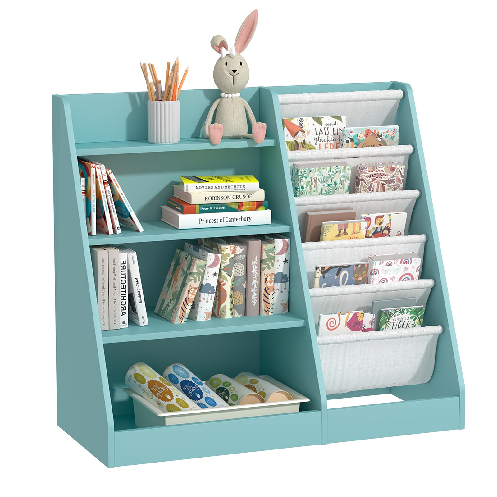 Kids Toy Storage NACHES 4-Tier Kids Bookshelf With 5 Fabric Sling Pockets -  Montessori Book Display \u0026 Toy Storage Organizer Montessori Book Display  With Sling Pockets, image size:1600x1600