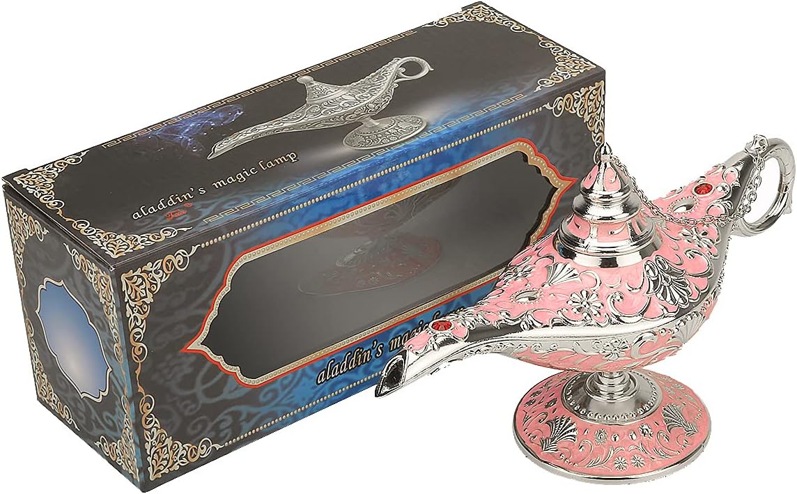 Legend Aladdin Lamp Magic Genie Wishing Light, Classic Arabian Nights Costume Props Lamp Table Decor for Home Wedding Party Halloween Birthday Beautiful Gift for Women Men(Pink & Silver)