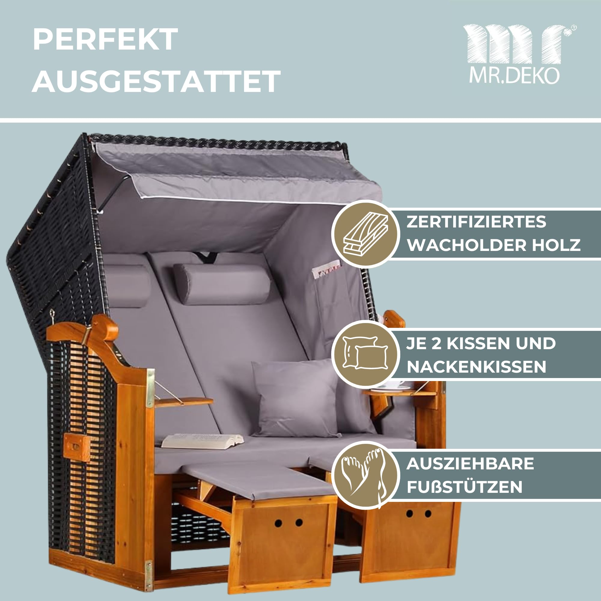 MR. DEKO® Chaise de plage 2 places en polyrotin - 2 places - Anthracite - Meubles de jardin en polyrotin dur - Panier soleil confortable pour terrasse et balcon - Avec 2 tables pliantes et coussins