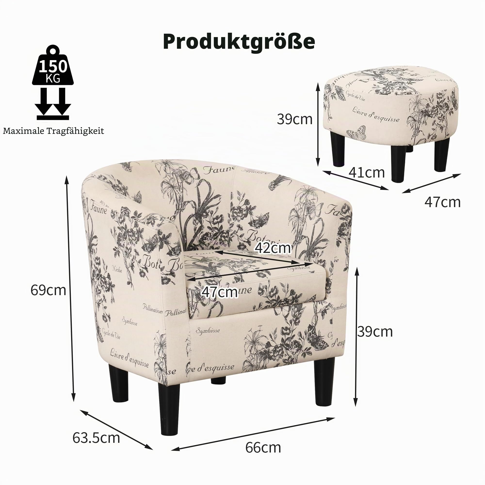 EBELLO Relaxsessel Sessel Wohnzimmer Sessel mit Hocker Ohrensessel Loungesessel Akzent-Sessel mit Ottomane für kleine Räume – bequemer Lesesessel aus Stoff für Wohnzimmer Schlafzimmer