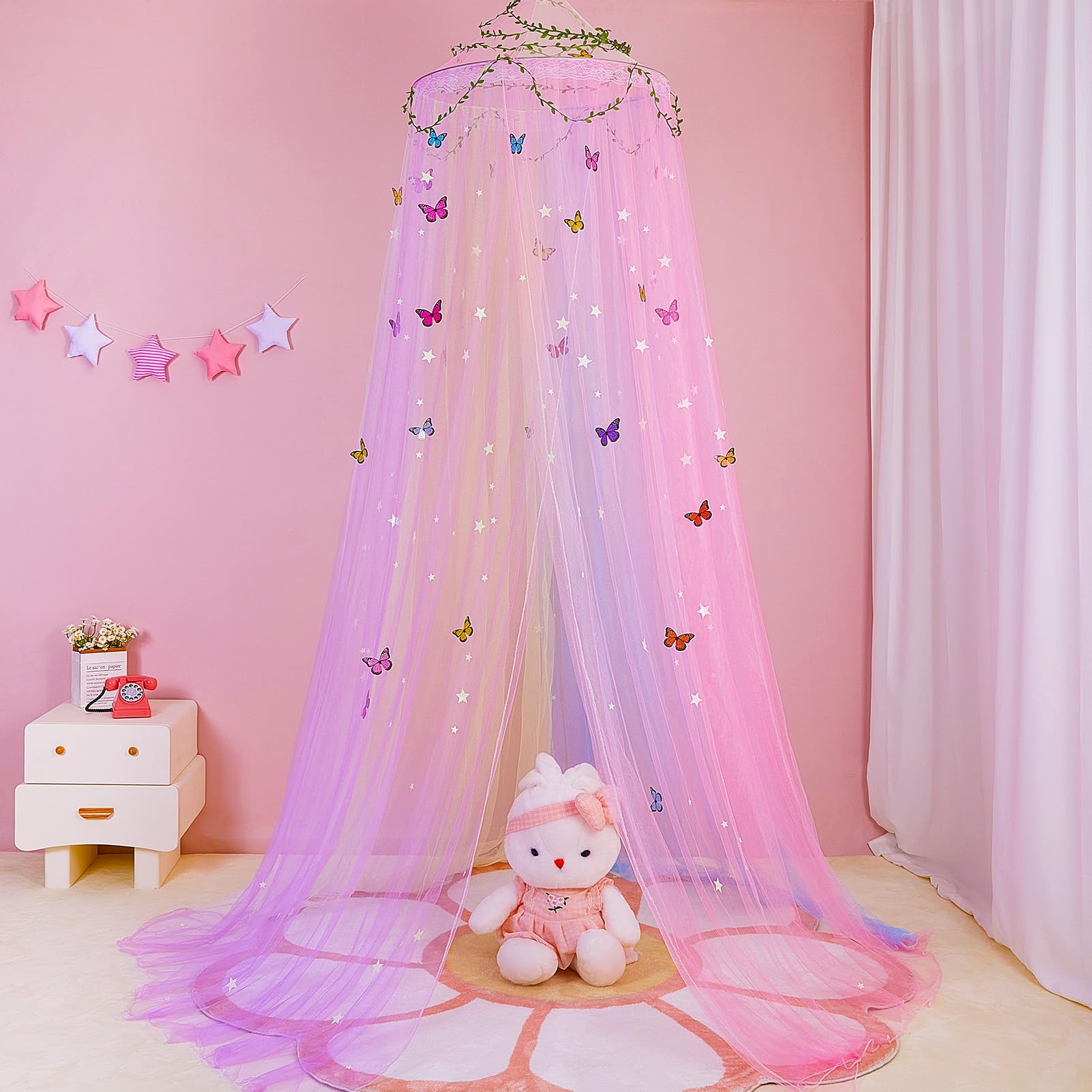 MHJY Lit de princesse chambre avec rideaux LED, moustiquaire DIY, étoiles et papillons