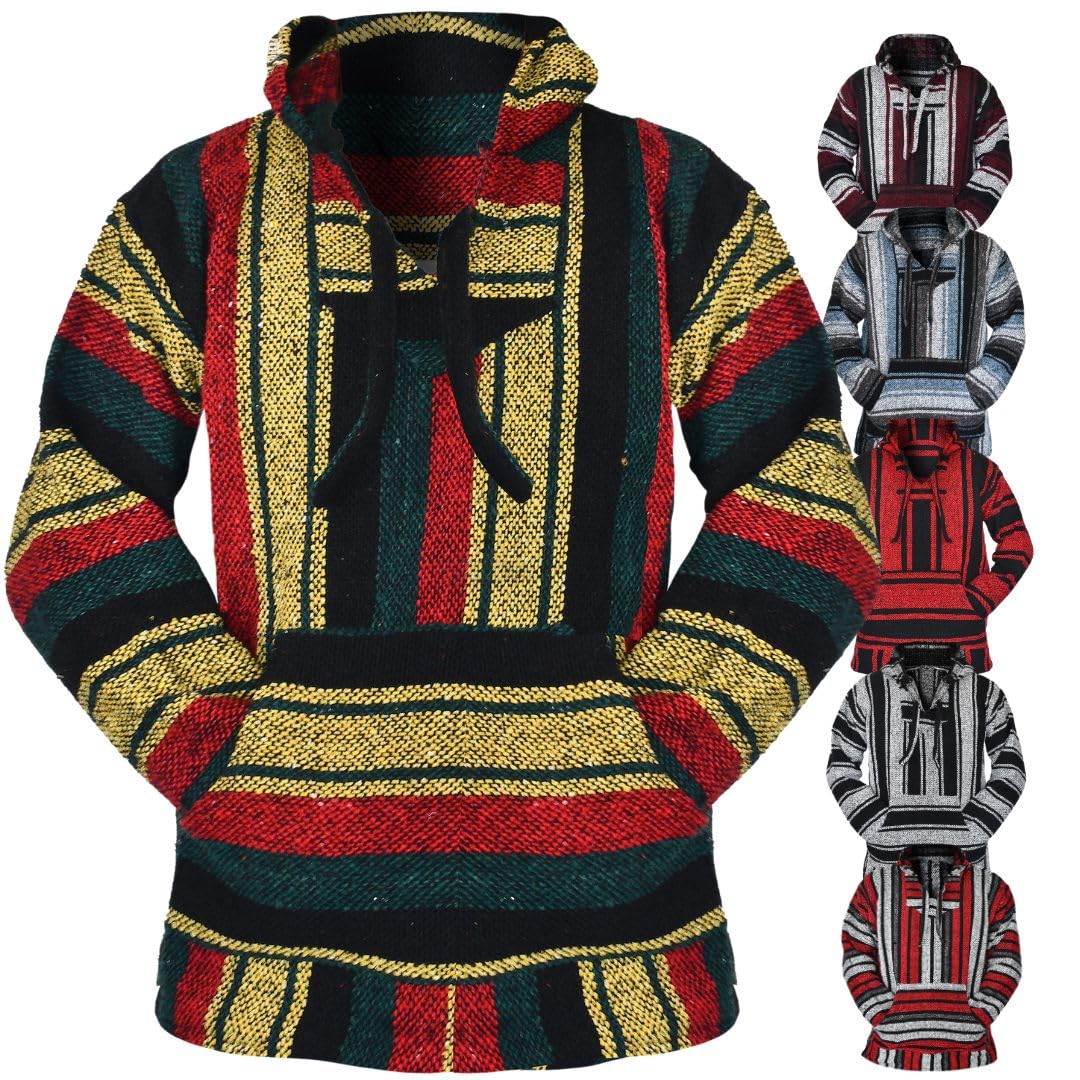 Artisans Bazaar Unisex Rasta Mexican Baja Hoodie – Classic Drug Rug Pullover Sweater | Baja Hoodie For Men & Women | Mens & Plus Size Options Available, Xxl