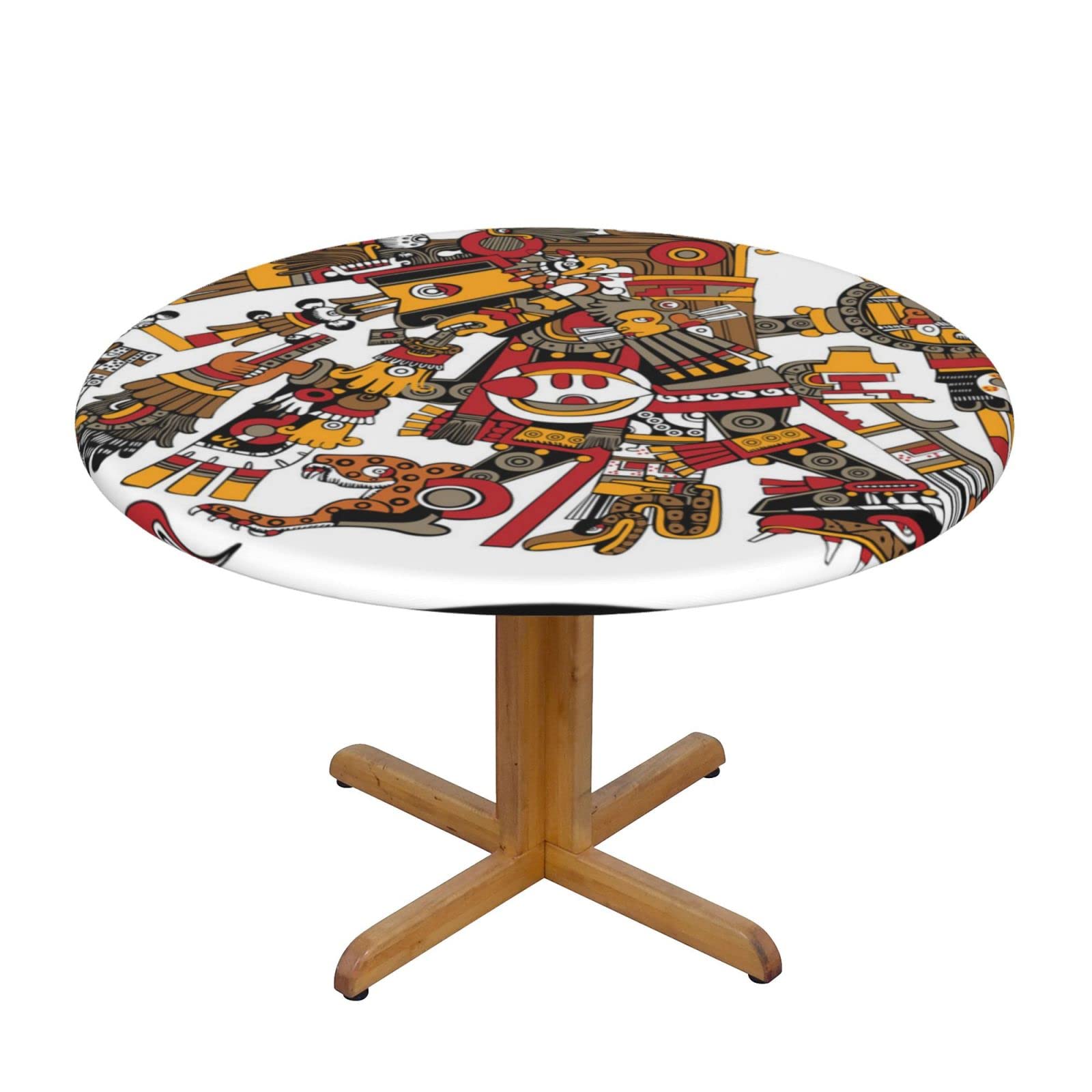 Lsjuee Round Fitted Tablecloth 40-44in Elastic Edged Table Cloth for Kitchen Dining Party Home Decor - Tribal Aztec God Symbol