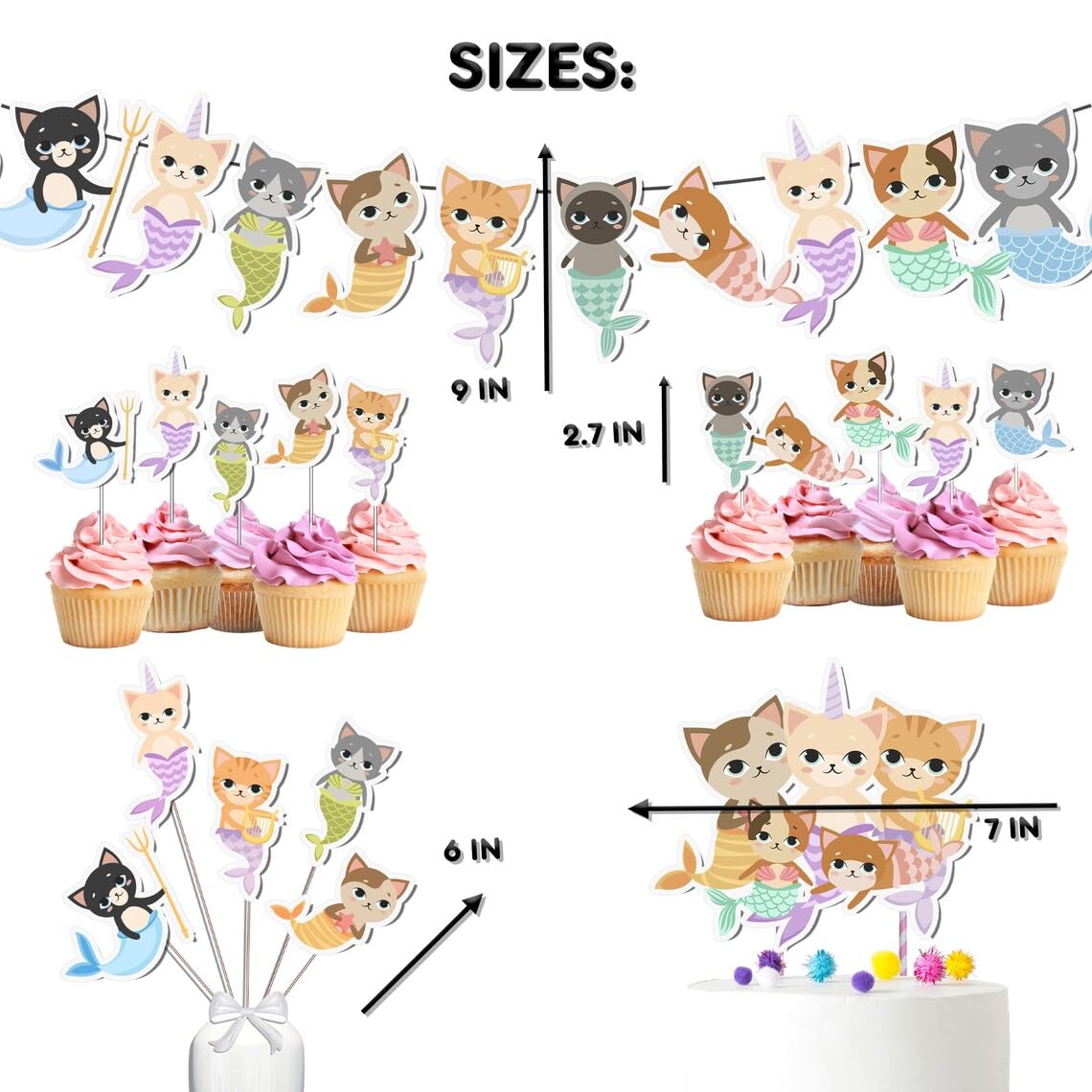 Mermaid Cat Party Decor Set - Whimsical Underwater Adventure Kit for Birthdays & Baby Showers, Includes Banners, Centerpieces, Cupcake Toppers