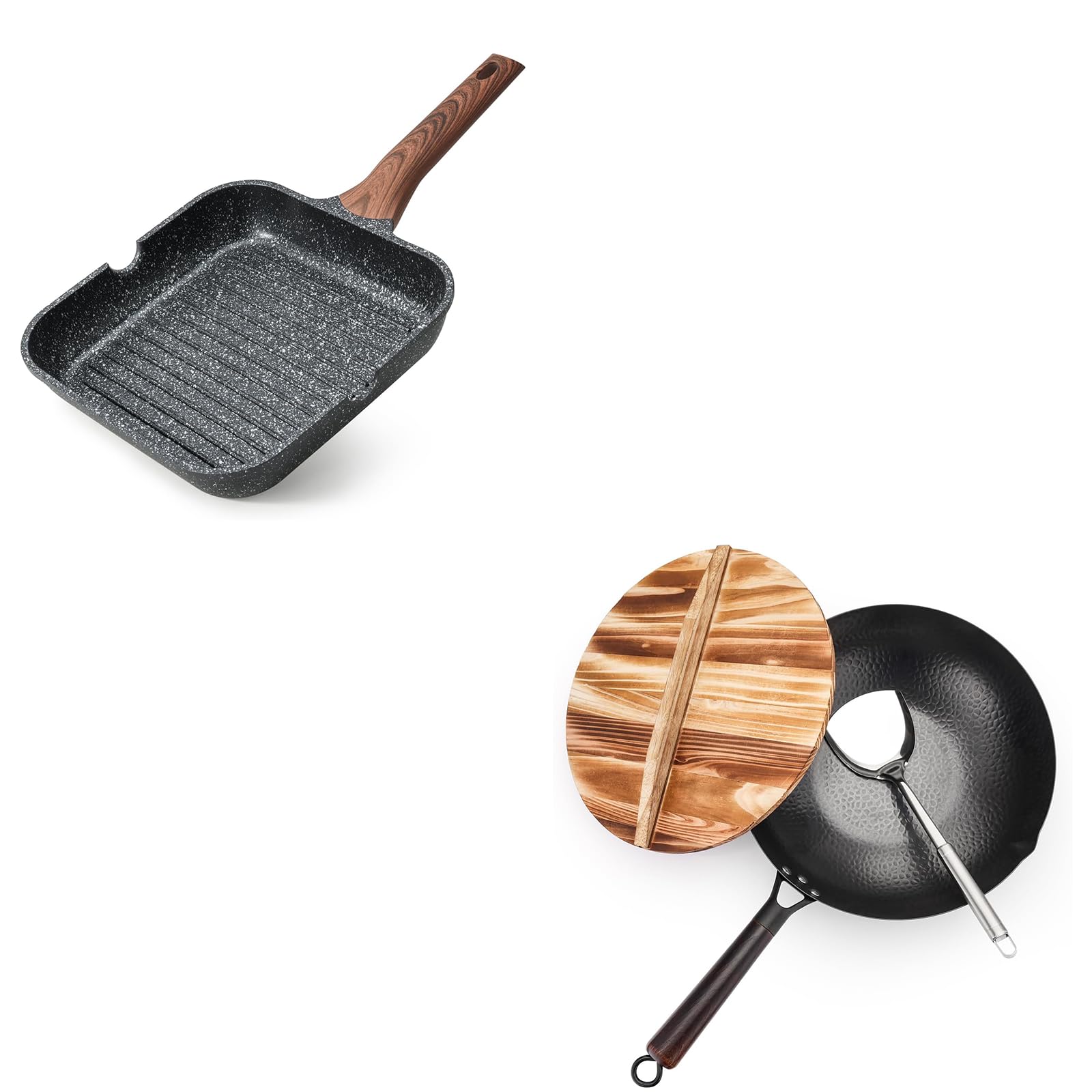 Kordisen Carbon Steel Wok Pan with Lid, 12.6inch Flat Bottom Wok, Woks & Stir Fry Pans for Induction, Electric, Gas Stoves, No Chemical Coated Chinese Wok