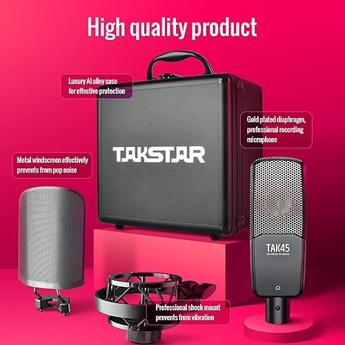 Miniatura 7 de TAKSTAR Micrófono condensador XLR con diafragma grande chapado en oro de 1.339 in, micrófono de condensador de canto con soporte de choque y