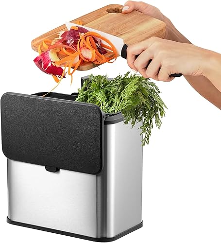 Contenedor de compostaje para cocina, contenedor de compost de acero inoxidable, contenedor de compost interior con 1 filtro de carbón adicional,