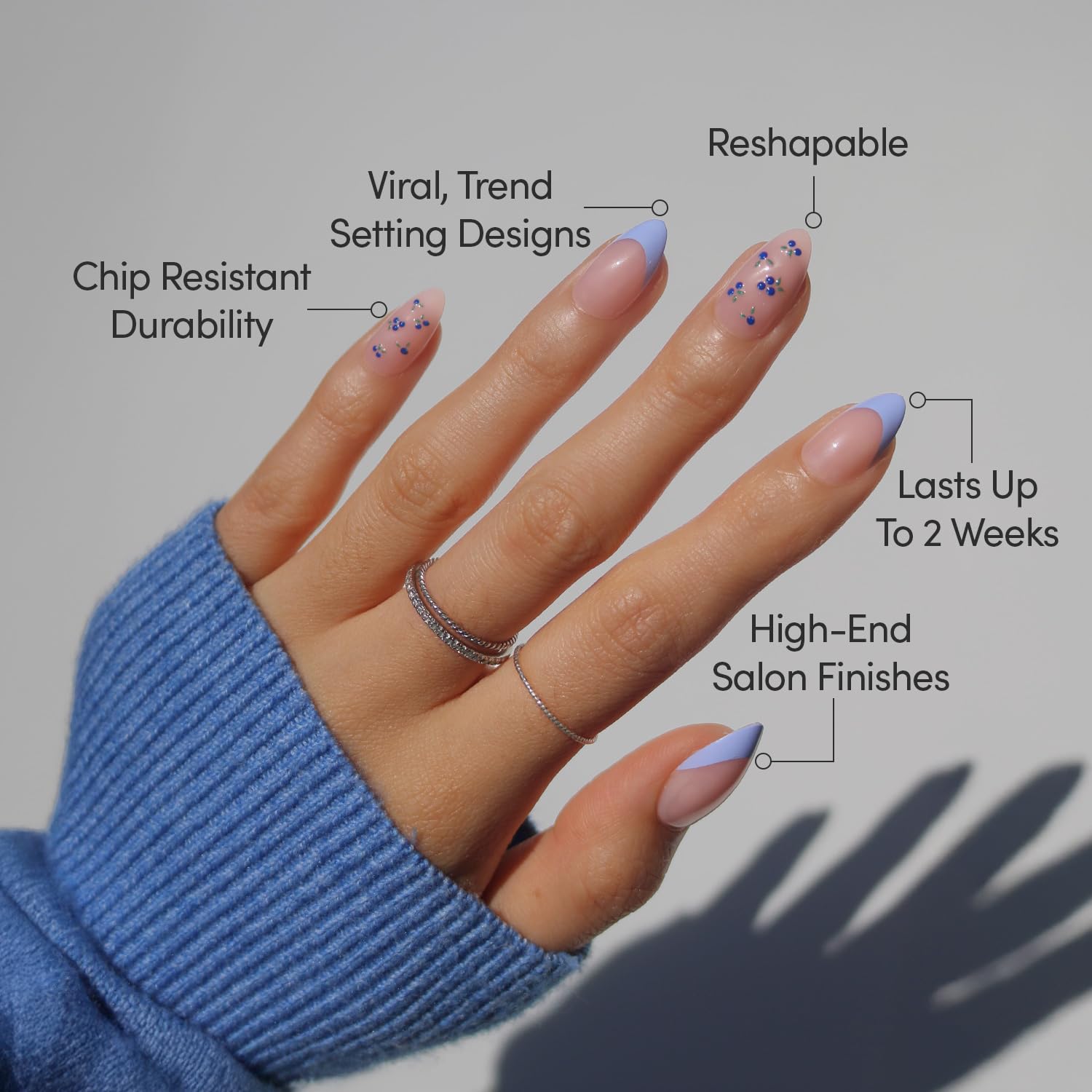 Glamnetic Press On Nails - Bluebelle | Short Almond Fake Nails with Pale Blue French Tips & 3D Blueberry Accents on Semi-Sheer Base, Glossy Finish, Salon Quality | 15 Sizes - 30 Nail Kit with Glue - 4