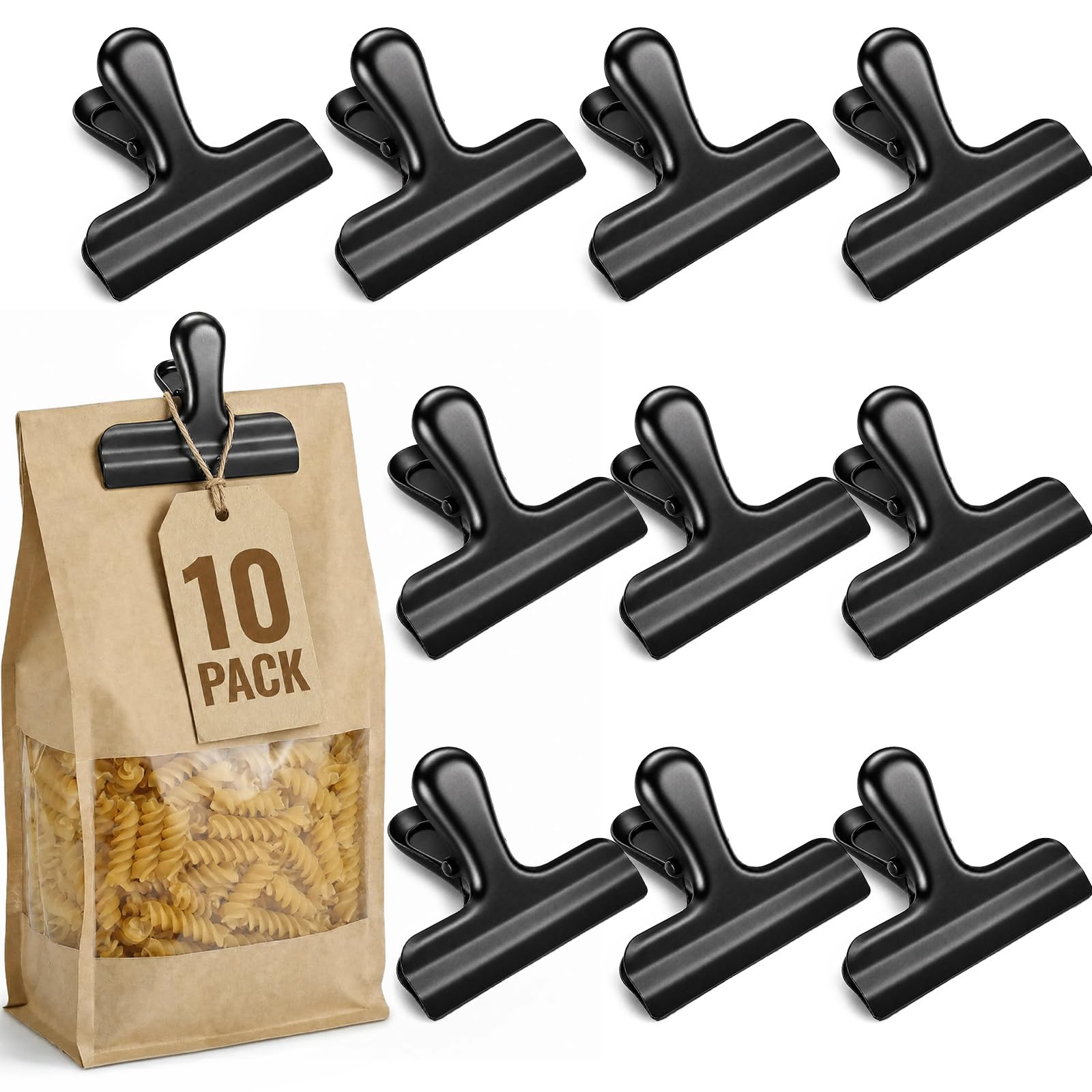 OAMCEG 3-inch Heavy Stainless Steel Food Bag Clips Set - 10 Pcs, for Sealing Coffee Bags, Bread Bags, and More, Perfect for Food Storage in Kitchen, Office, and Freezer-Black