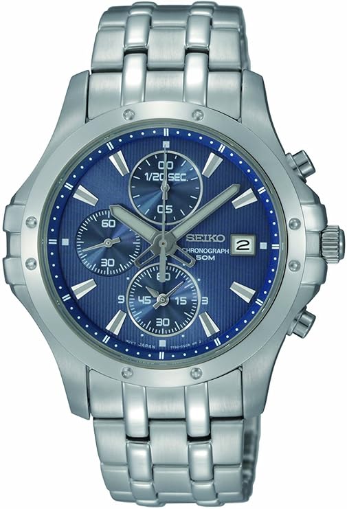 Seiko men's blue chronograph dial stainless steel watch Clearance