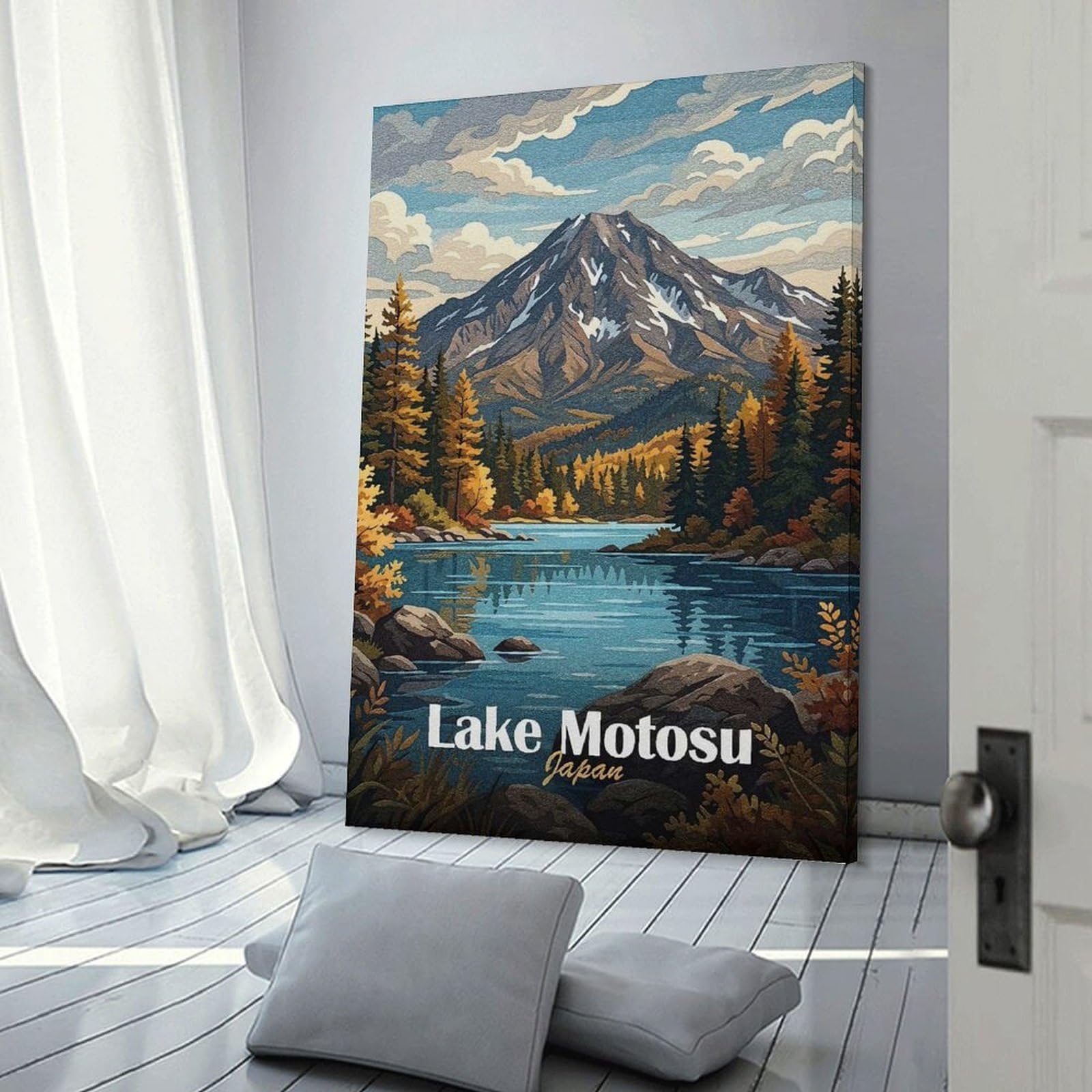 Junmoney Lake Motosu, Japan Landscape Art Canvas Wall Art, 20x30inch(50x75cm), for Bedroom Decor, Cosy Corners Or Studios, Stylish Decor for A Restful Room Update