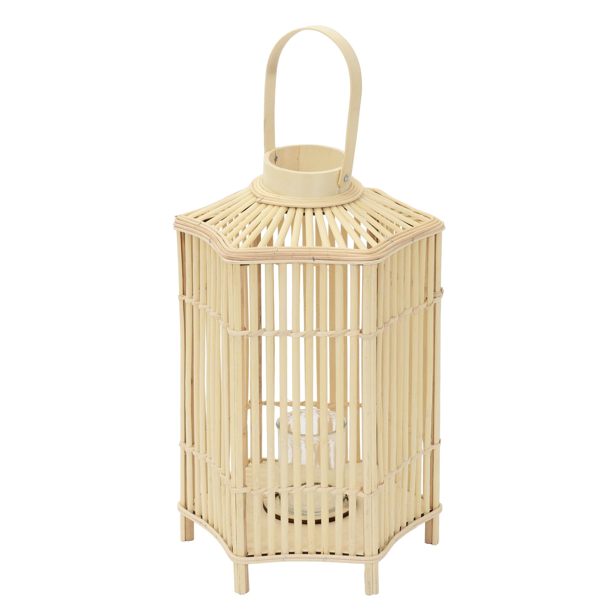 ECD Germany Linterna de Bambú Madera, 60 cm de Altura, Portavelas de Jardín con Asa y Inserto de Cristal, Farol de Estilo Boho, Lámpara Colgante Interior/Exterior Decorativo para Terraza, Balcón