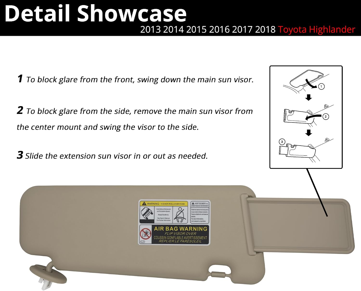 Sun Visor Fits for 2008-2013 Toyota Highlander Left Driver Side with Light Replace# 74320-48180-E1 Beige