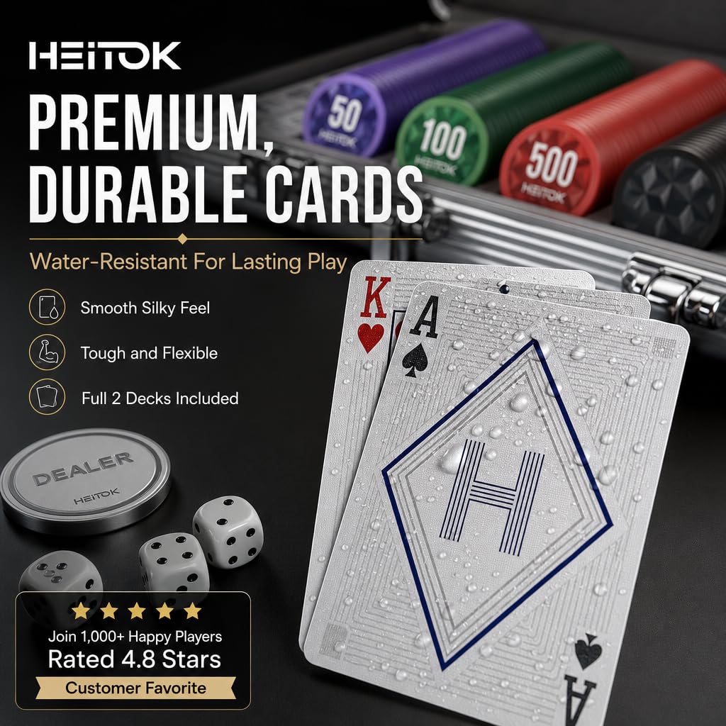 HEITOK Zestaw Pokerowy 600 Żetonów 11,5g Nominały Texas Holdem Walizka | 2-16 graczy, czytelne wartości 1/5/25/50/100/500/1000, styl diamentu Morandi, karty, kości, znacznik dealer, Blackjack