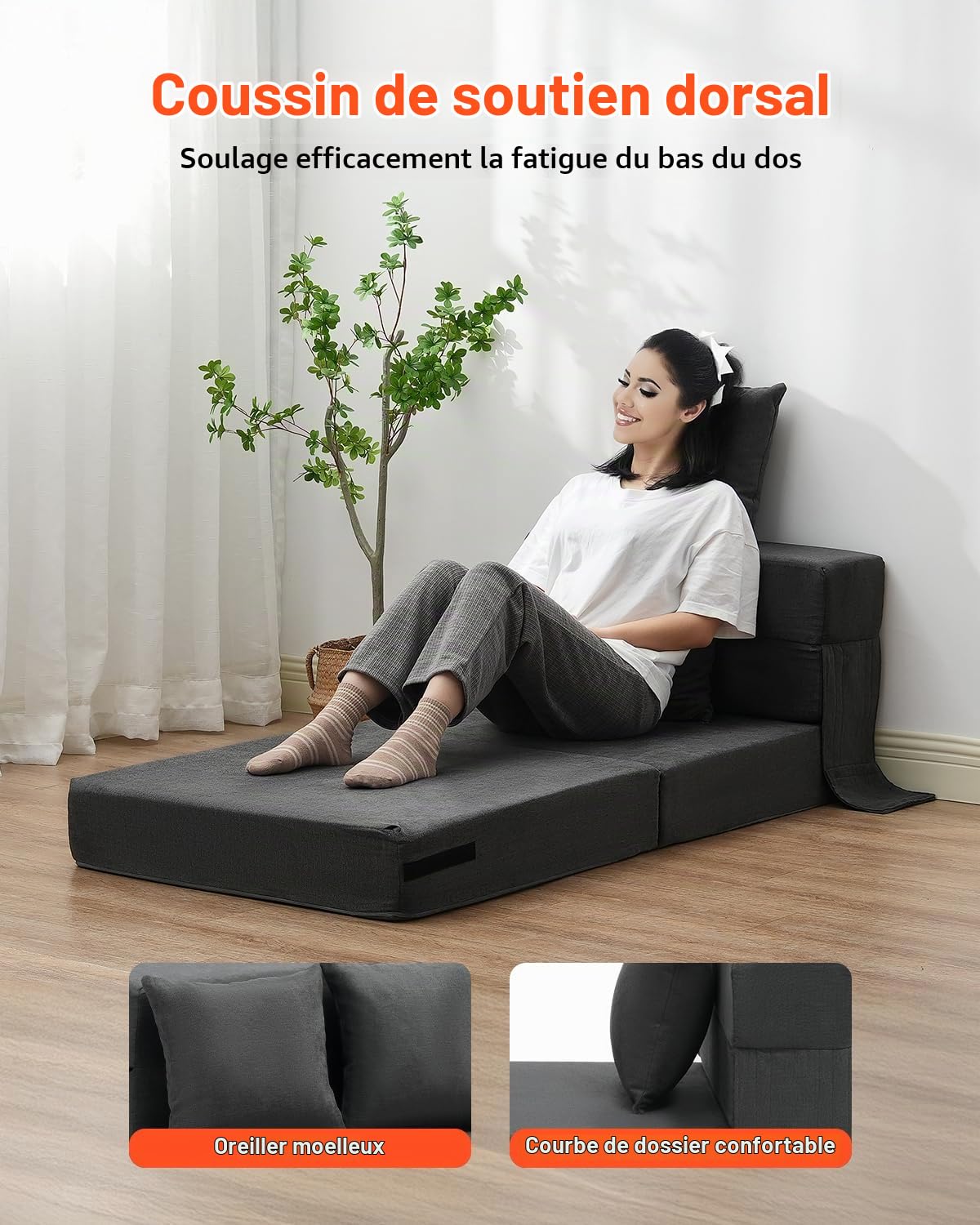 VEVOR Canapé-lit Pliant, 3 en 1, Fauteuil-lit Convertible Pliable, 2 oreillers et Housse Lavable, canapé-lit futon en Mousse à mémoire de Forme, pour Salon, Chambre, Gris foncé, 186 x 73 cm (Single)